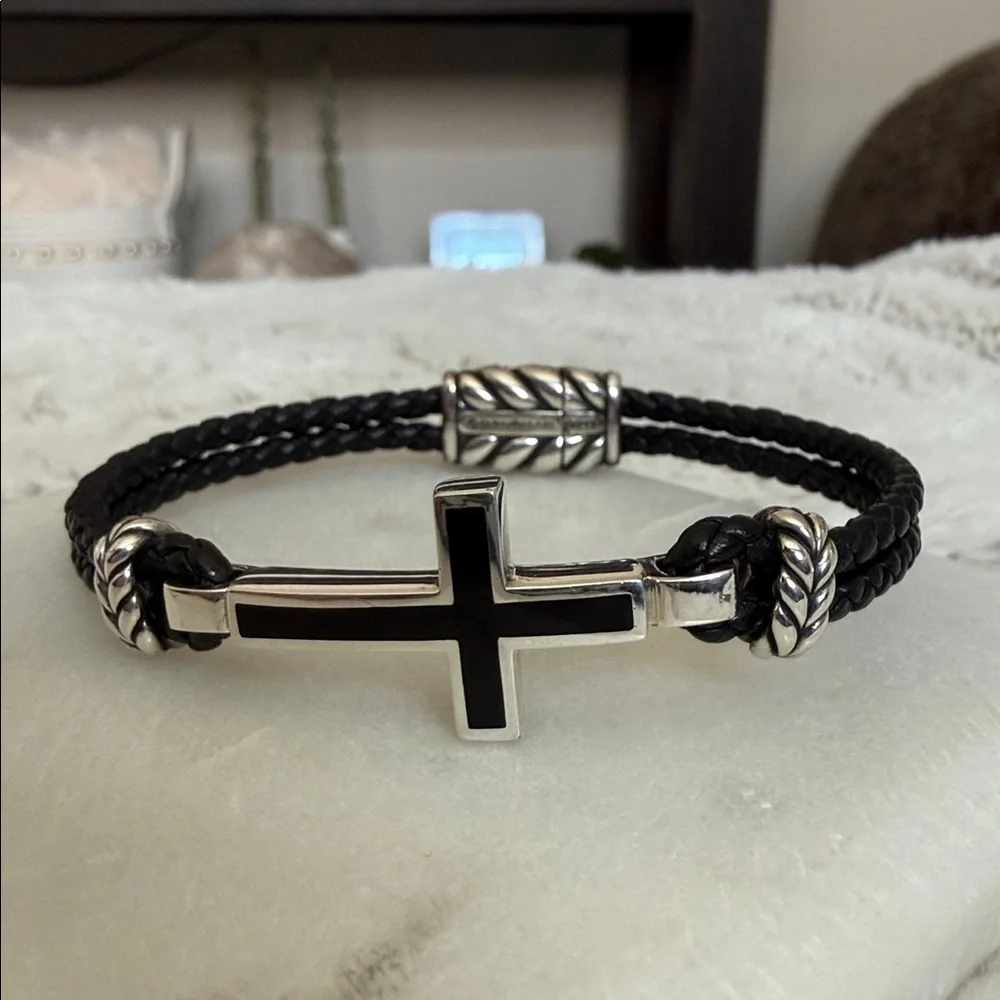 David Yurman Black Leather Bracelet with Silver Cross Accent